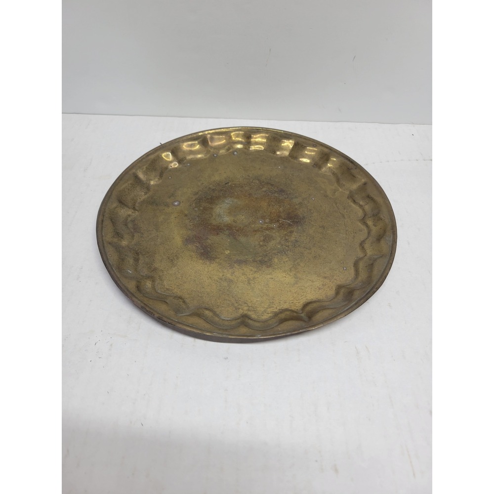 Vtg Solid Brass Scalloped Edge Round Tray Handcrafted in India 11.5 Inch